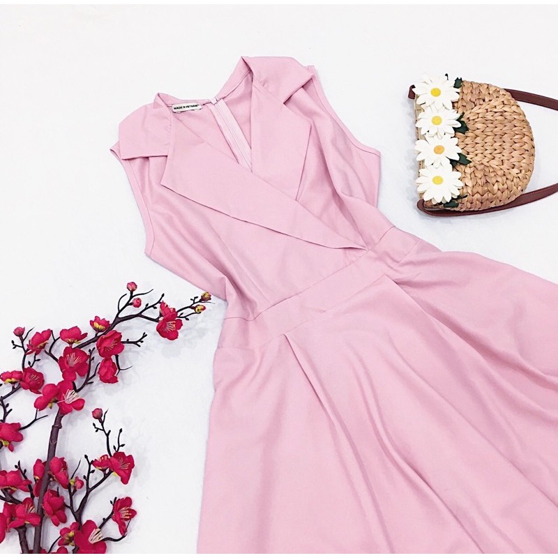 Đầm hồng xoè cổ vest (kèm hình thật)
