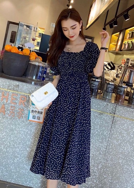 [HCM]Đầm bi rối cổ U 2 màu (kèm hình thật)