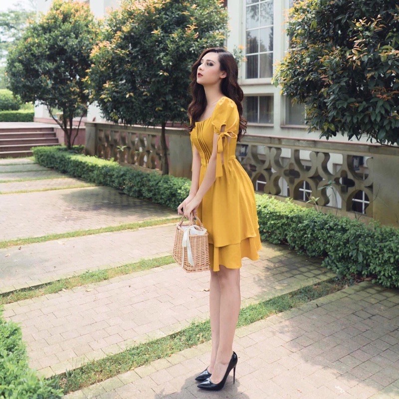 [HCM]Đầm vàng tầng tay nơ (kèm hình thật)