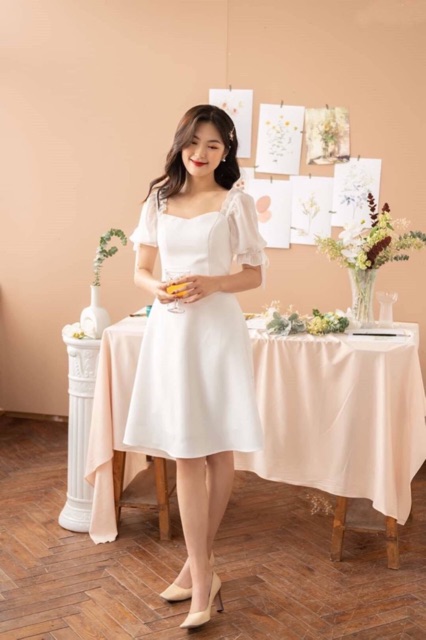 [HCM]Đầm trắng tay bo v2 (kèm hình thật)