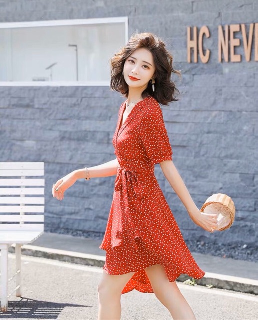 [HCM]Đầm bi đỏ lệch tà