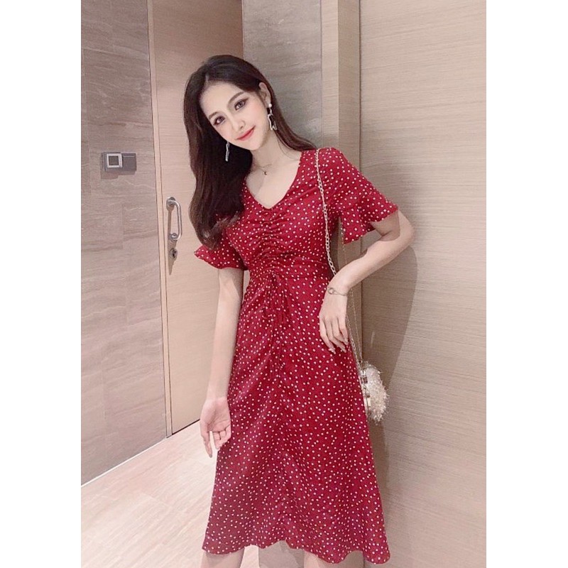 [HCM]Đầm bi đỏ form dài rút cổ (kèm hình thật)