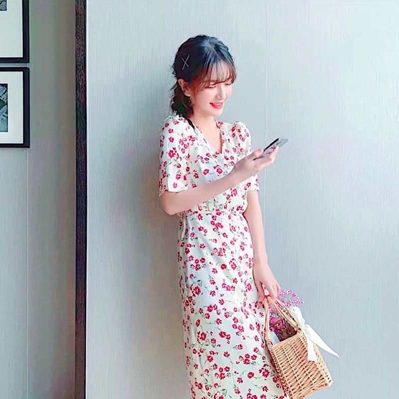 [HCM]Đầm hoa đỏ xẻ tà (kèm hình thật)