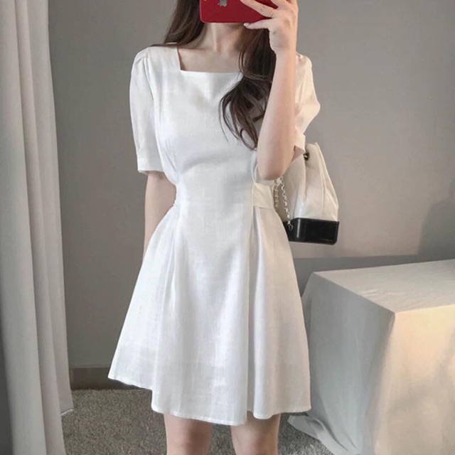 [HCM]Đầm cổ U thắt nơ 2 màu (kèm hình thật)