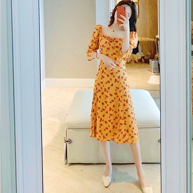 [HCM]Đầm hoa vàng xẻ tà form dài (kèm hình thật)