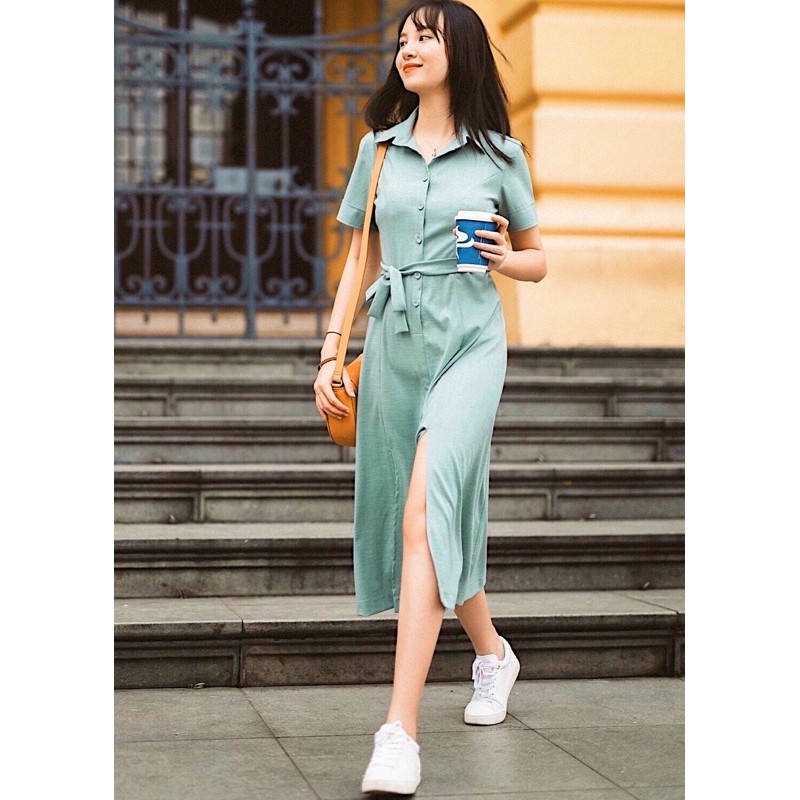 [HCM][Mã FATHANG5 giảm 10K đơn 50K] Đầm sơ mi mint xẻ tà (kèm hình thật)