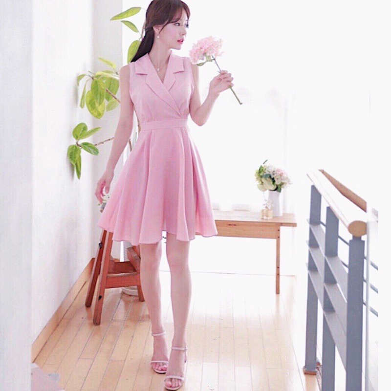 Đầm hồng xoè cổ vest (kèm hình thật)