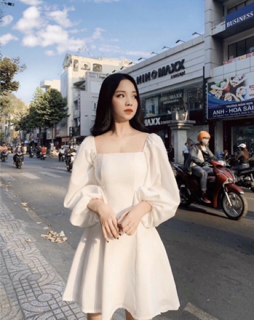[HCM]Đầm cổ U tay dài phồng 4 màu (kèm hình thật)