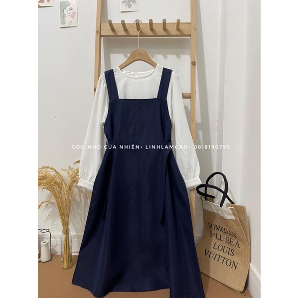 Set Váy Yếm Vintage Dài Tay Thắt Nơ Eo (ẢNH THẬT)