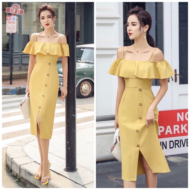[HCM]Đầm vàng nhạt 2 dây freesize dưới 45kg (kèm hình thật)