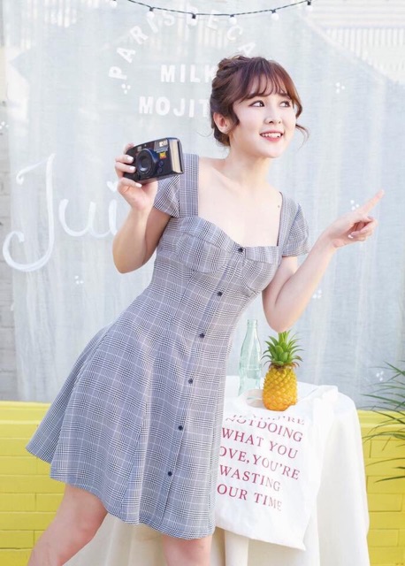 [HCM]Đầm kẻ nút đen 2 màu (kèm hình thật)