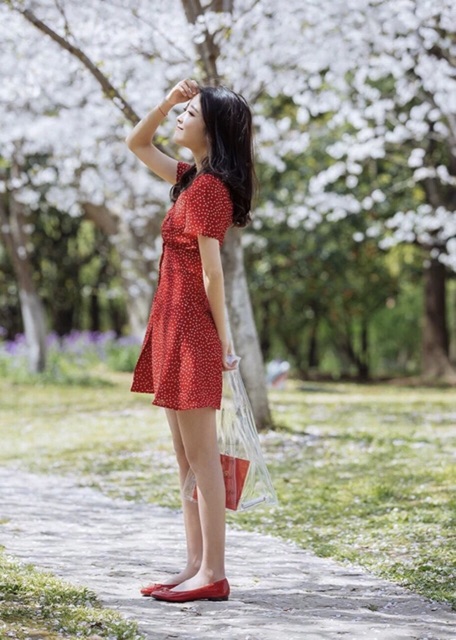 [HCM]Đầm bi đỏ nút bọc (kèm hình thật)