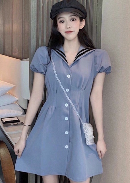 [HCM]Đầm xanh đậm viền sọc đen (kèm hình thật)