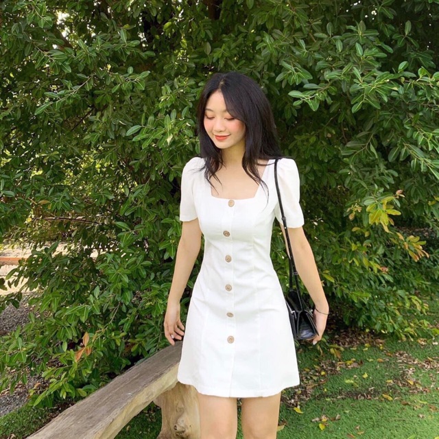 [HCM]Đầm cổ U nút dừa 2 màu (kèm hình thật)