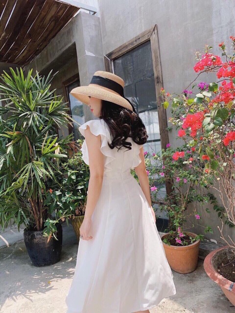 [HCM]Đầm trắng cổ V 2 túi (kèm hình thật)