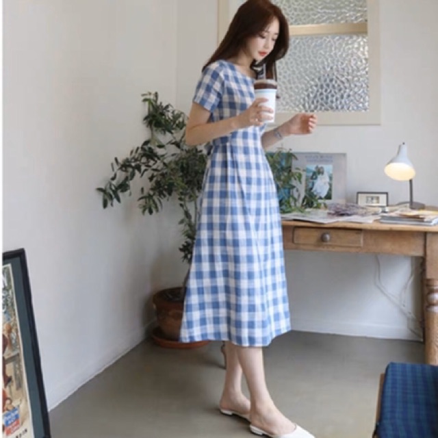 [HCM]Đầm caro xanh form dài (kèm hình thật)