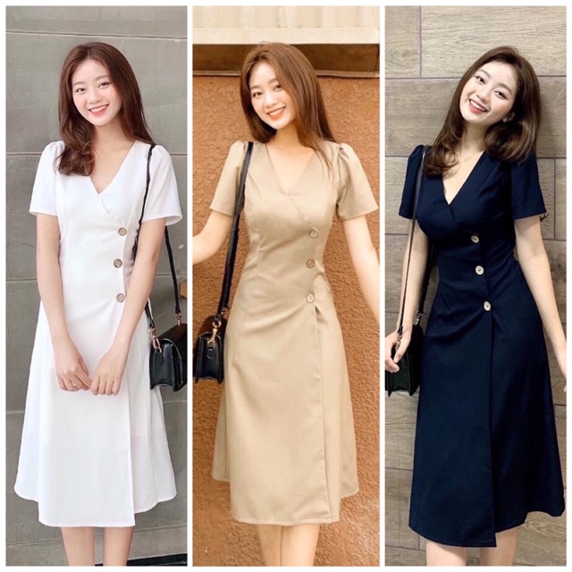 [HCM]Đầm cổ V nút dừa 3 màu (kèm hình thật)