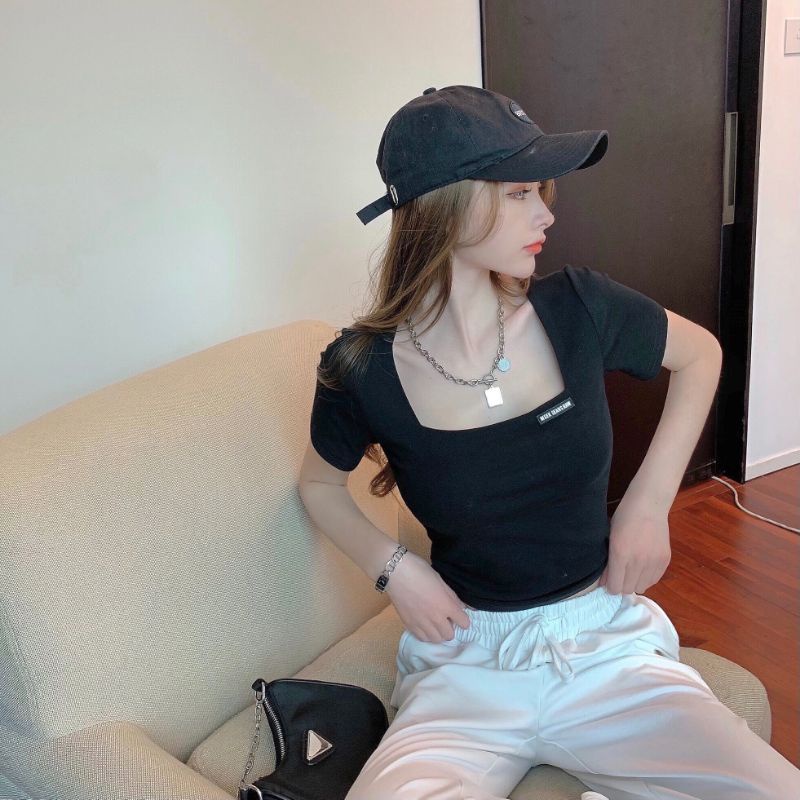 Áo Cổ Vuông Logo Croptop Thun Tăm - A2TT