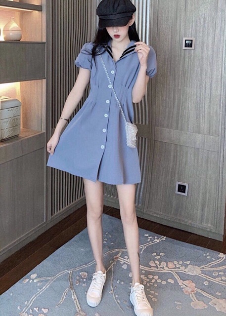 [HCM]Đầm xanh đậm viền sọc đen (kèm hình thật)
