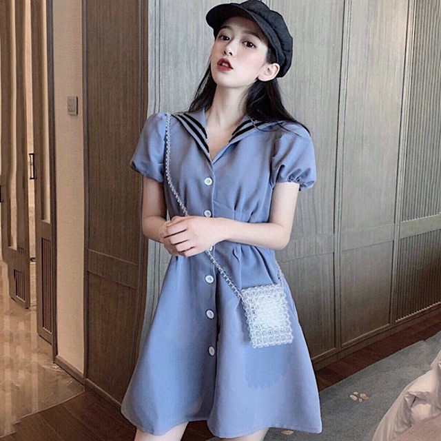 [HCM]Đầm xanh đậm viền sọc đen (kèm hình thật)