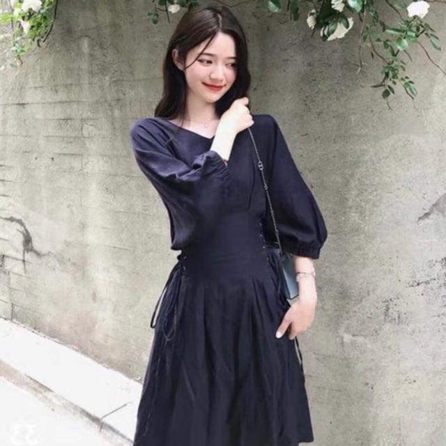 Đầm đen tay lỡ đan dây eo (kèm hình thật)