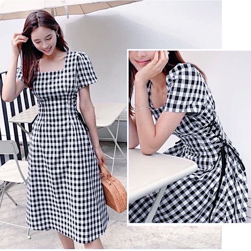 [HCM]Đầm kẻ đen cổ vuông đan dây (kèm hình thật)