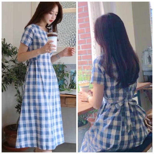 [HCM]Đầm caro xanh form dài (kèm hình thật)