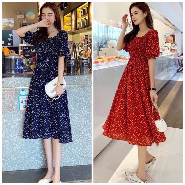[HCM]Đầm bi rối cổ U 2 màu (kèm hình thật)