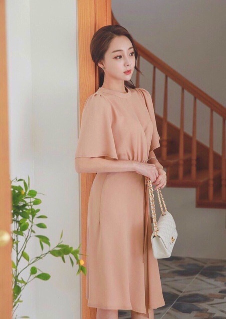 [HCM]Đầm kem cổ trụ thắt eo (kèm hình thật)