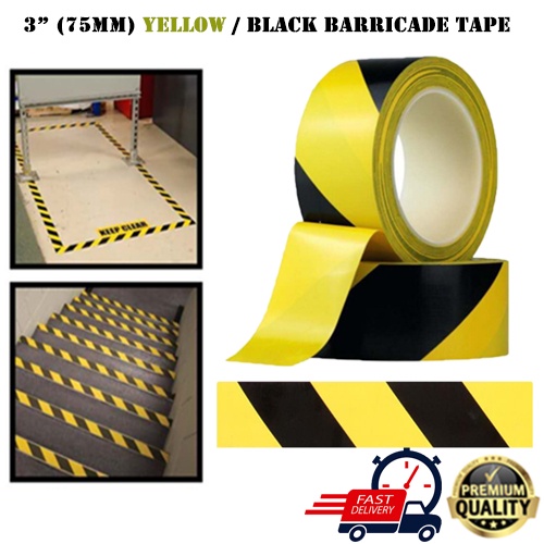 3" (75MM) BLACK / YELLOW BARRICADE TAPE WARNING SAFETY TAPE (NONSTICK