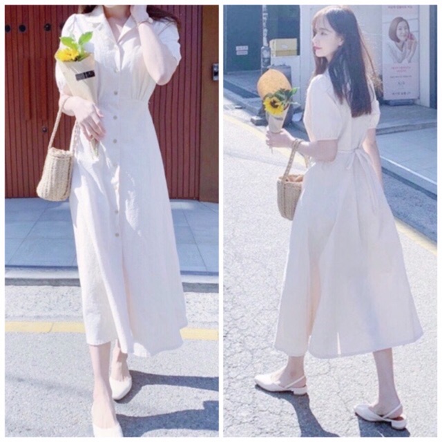 Đầm sm trắng form dài thắt eo