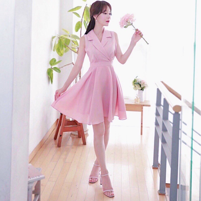 Đầm hồng xoè cổ vest (kèm hình thật)