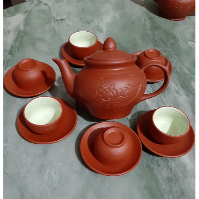 Bộ Ấm Chén Trà Đạo - Bộ ấm chén trà tử sa Bát Tràng nâu đỏ kèm hộp sang trọng