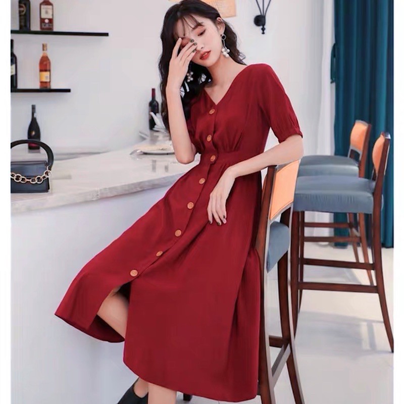 [HCM]Đầm đỏ cổ V form dài (kèm hình thật)