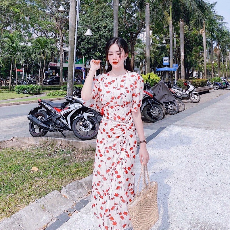 [HCM]Đầm hoa đỏ tùng rút dây (kèm hình thật)