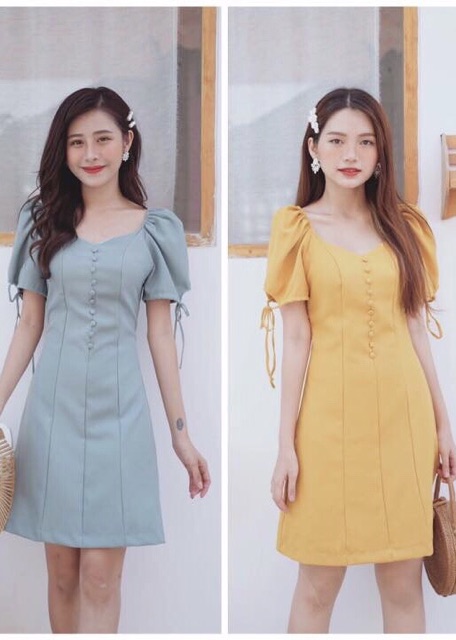 [HCM]Đầm nút bọc tay nơ 2 màu (kèm hình thật)