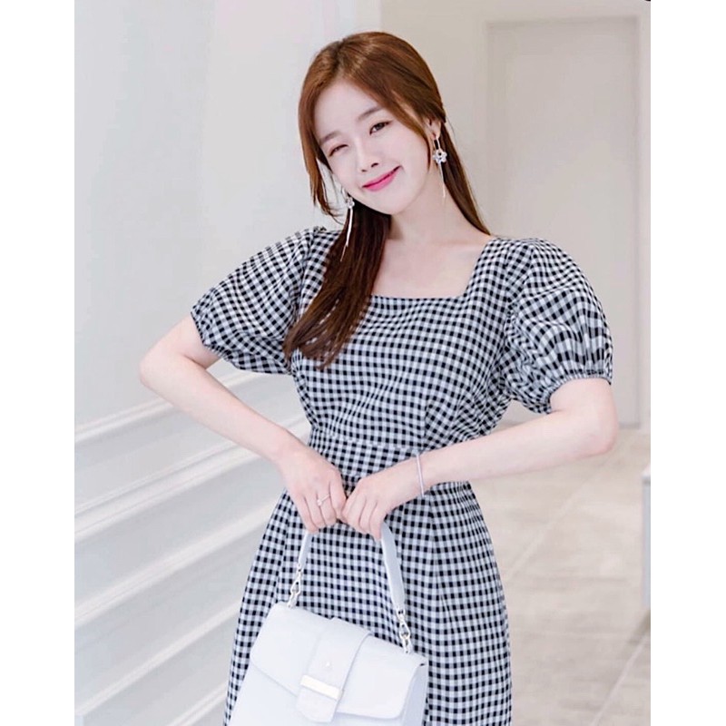 [HCM]Đầm caro đen cổ vuông (kèm hình thật)