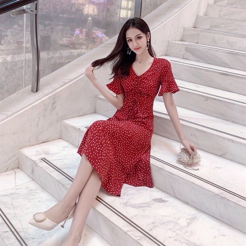 [HCM]Đầm bi đỏ form dài rút cổ (kèm hình thật)