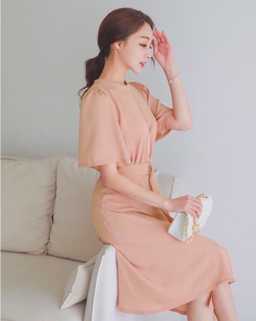 [HCM]Đầm kem cổ trụ thắt eo (kèm hình thật)