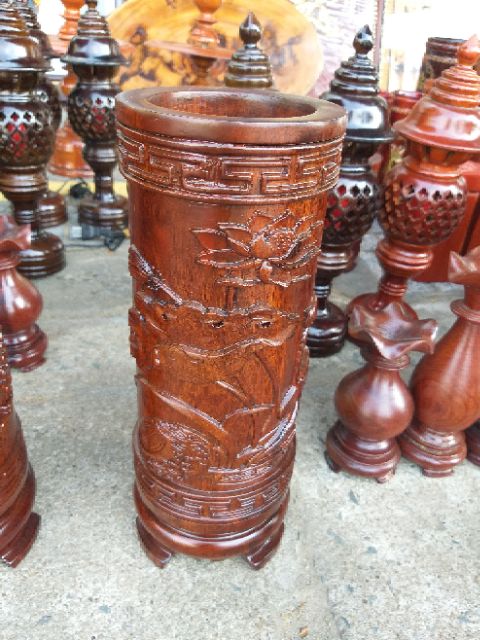 Ống đựng nhang trạm rồng, hoa sen gỗ Lim nguyên khối cao 30cm (1 cái)