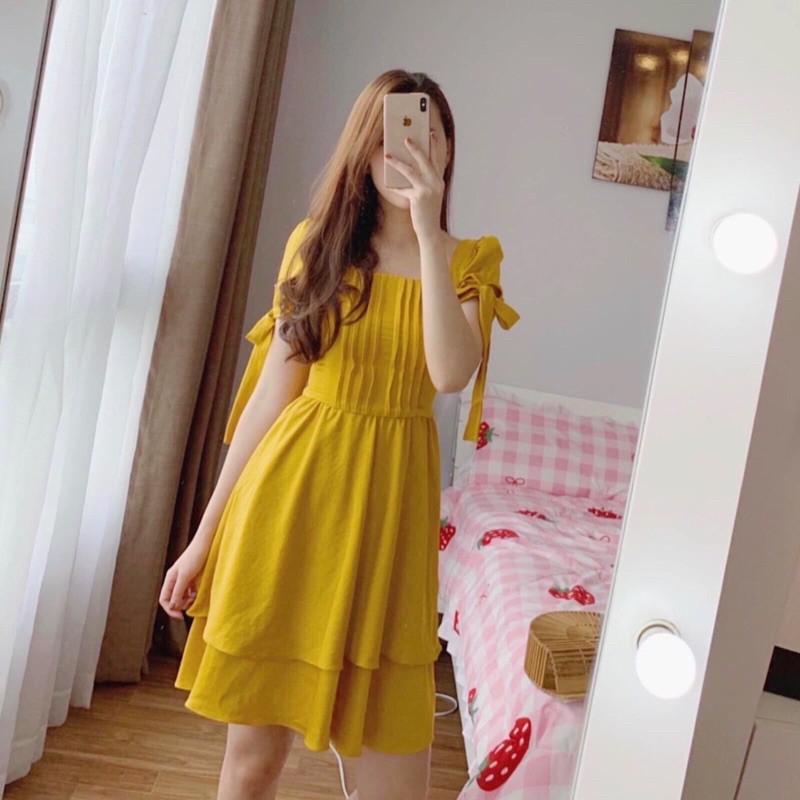 [HCM]Đầm vàng tầng tay nơ (kèm hình thật)