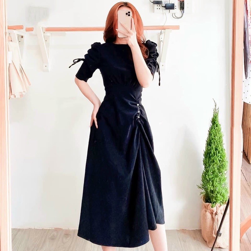 [HCM]Đầm đen tay rút nút trắng (kèm hình thật)