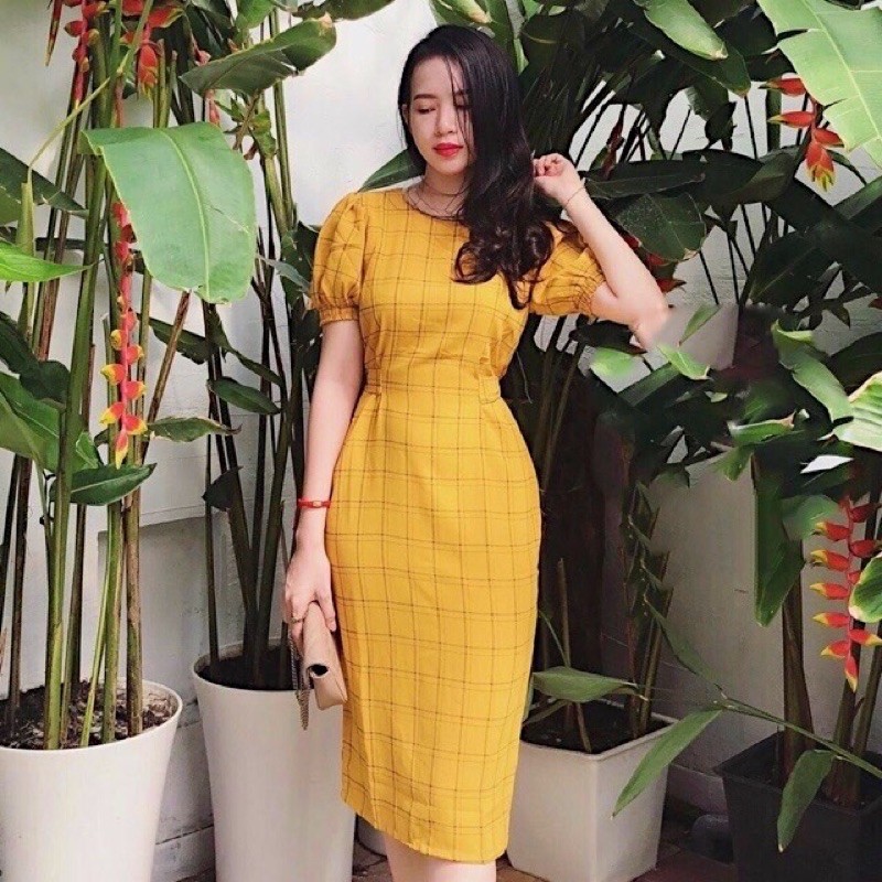 Đầm kẻ ô cột eo 2 màu