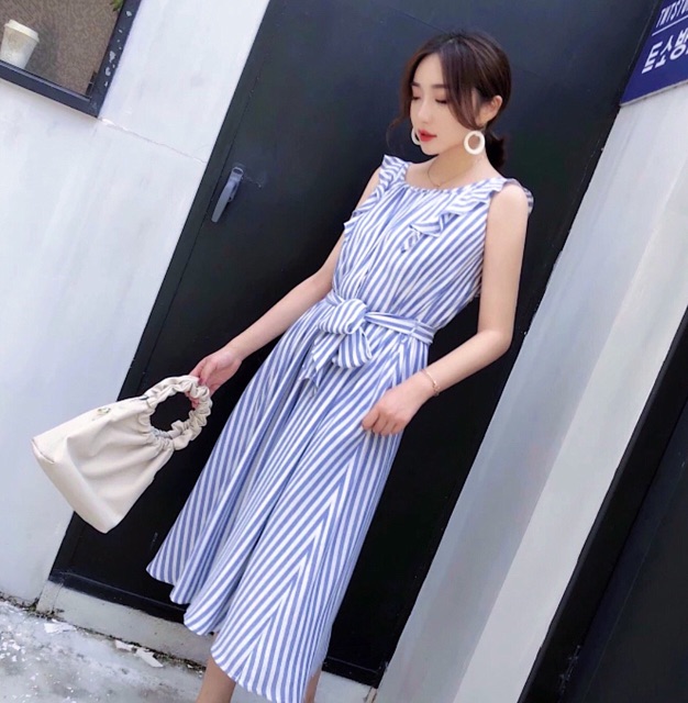 [HCM]Đầm sọc xanh dây bèo (kèm hình thật)