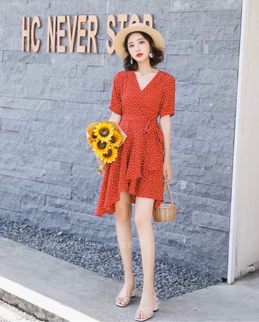 [HCM]Đầm bi đỏ lệch tà
