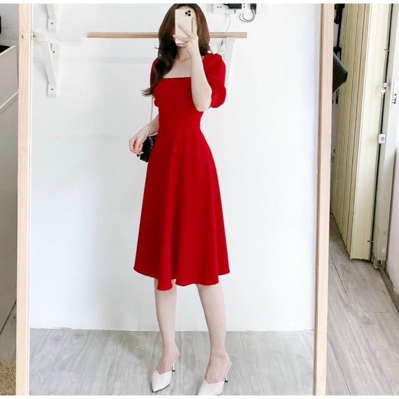 [HCM]Đầm đỏ cổ vuông tay lỡ (kèm hình thật)