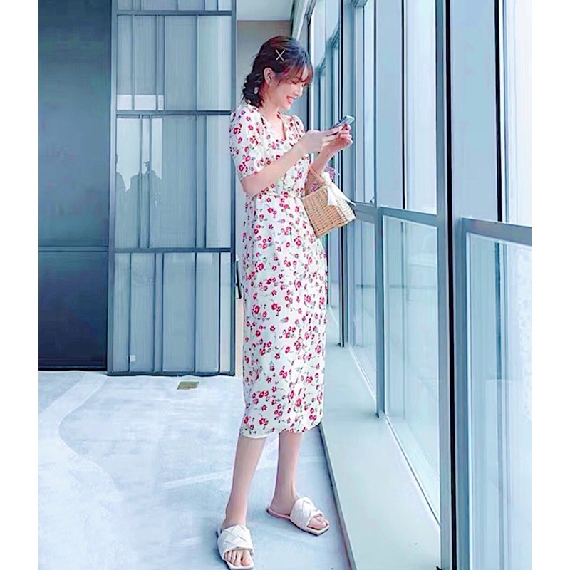 [HCM]Đầm hoa đỏ xẻ tà (kèm hình thật)