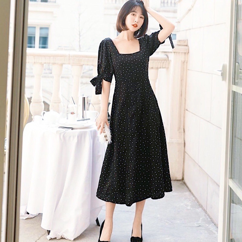 [HCM]Đầm bi đen tay nơ (kèm hình thật)