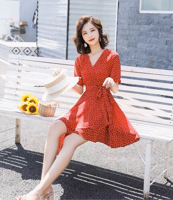[HCM]Đầm bi đỏ lệch tà