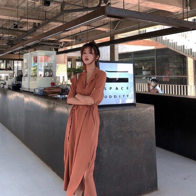 [HCM]Đầm sm hồng ruốc nút trắng (kèm hình thật)